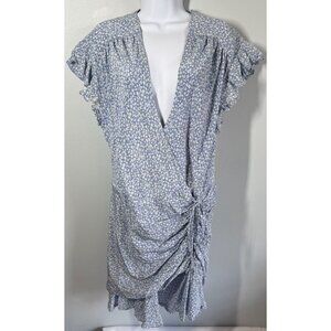 Veronica Beard 100% Silk Floral Marla Dress Womens 14 Blue Mini Rushed Ruffle